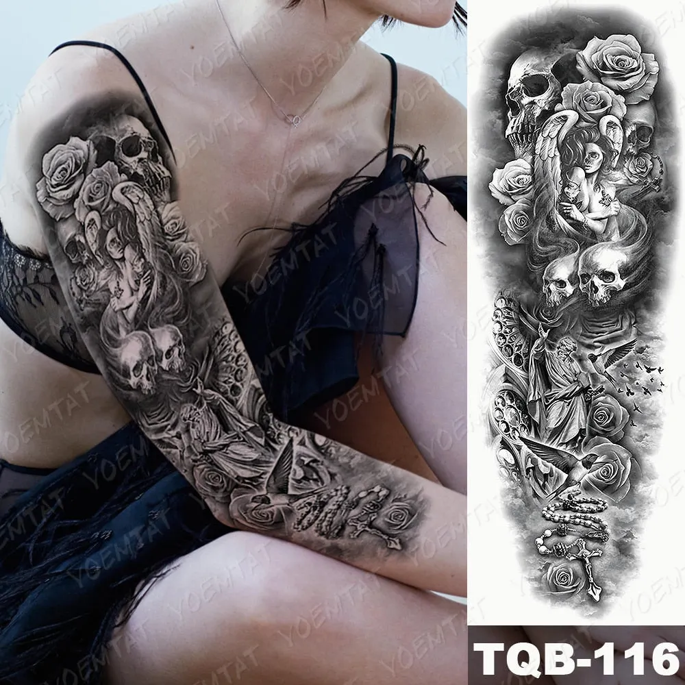 Large Arm Sleeve Tattoo Owl Angel Rose Waterproof Temporary Fake Tatoo Sticker Skull Fox Wings Men Women Full Totem Tatto Artes