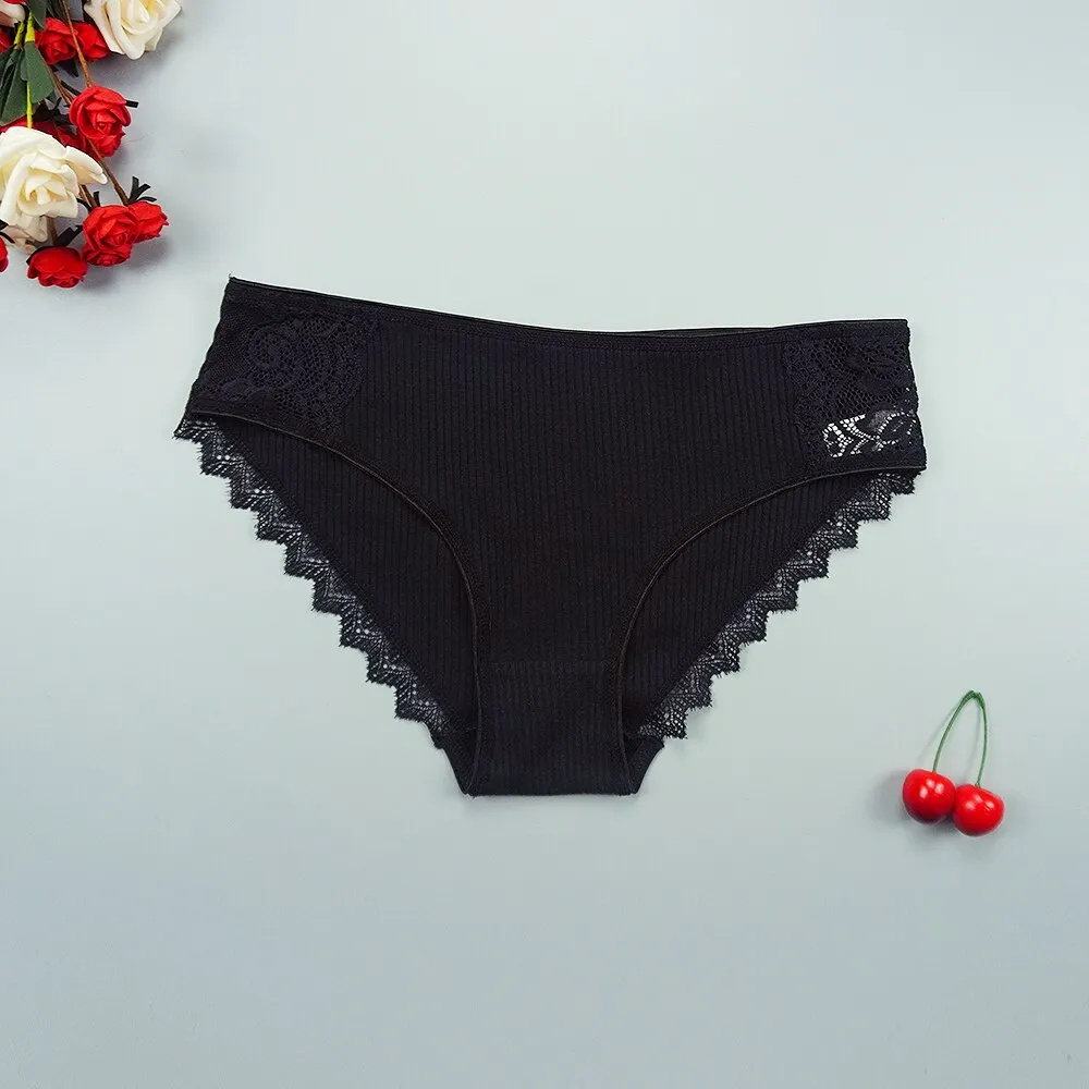 Billionm Women's Cotton Panties Sexy Underwear Strip Lady Mid Rise Underpants Breathable Briefs Intimates Lace Thread Panty