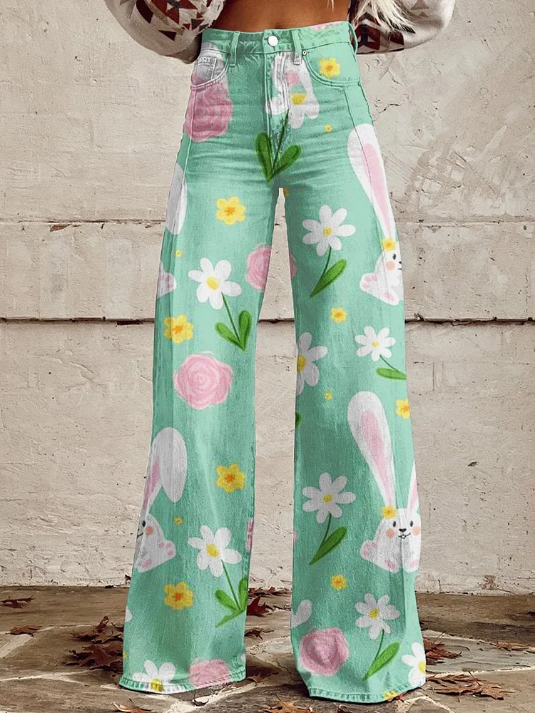 Women's  Rabbit  Flower Art Print Casual Wide Leg Pants