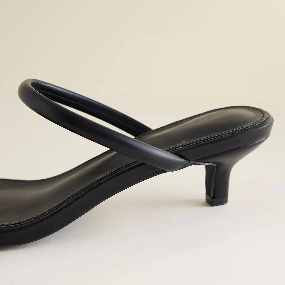 Black Open Square Toe Strappy Kitten Heel Slip-On Mules Sandals