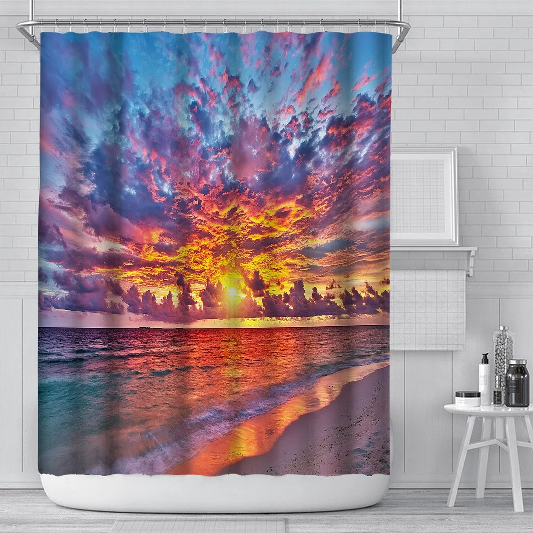 3D Seascape Beach Printed Fabric Shower Curtains Bathroom Curtain Bath Screen Waterproof Products Home Decor with Hooks
