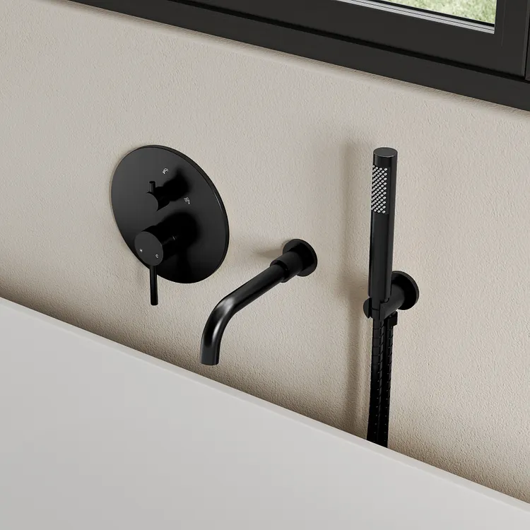 EVERSTEIN Wall-Mounted Bathtub Faucet with Hand Shower in Matte Black SFS-1137-BK