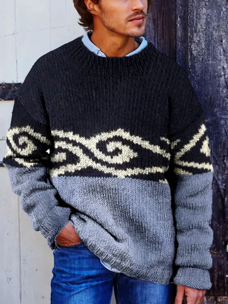 Vintage Color Block Surf Jacquard Crew Neck Sweater