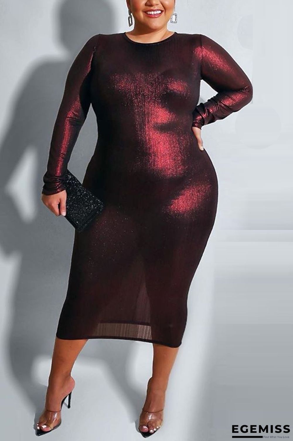 Wine Red Fashion Long Sleeve Plus Size Dress | EGEMISS