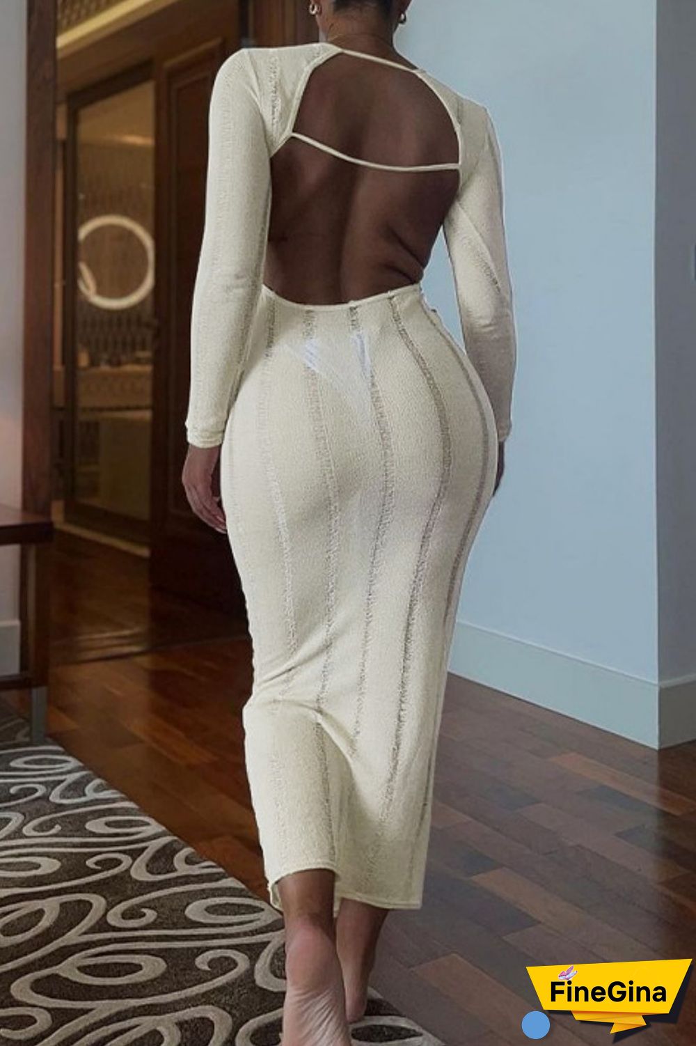 Khaki Sexy Casual Solid Backless O Neck Long Sleeve Dresses