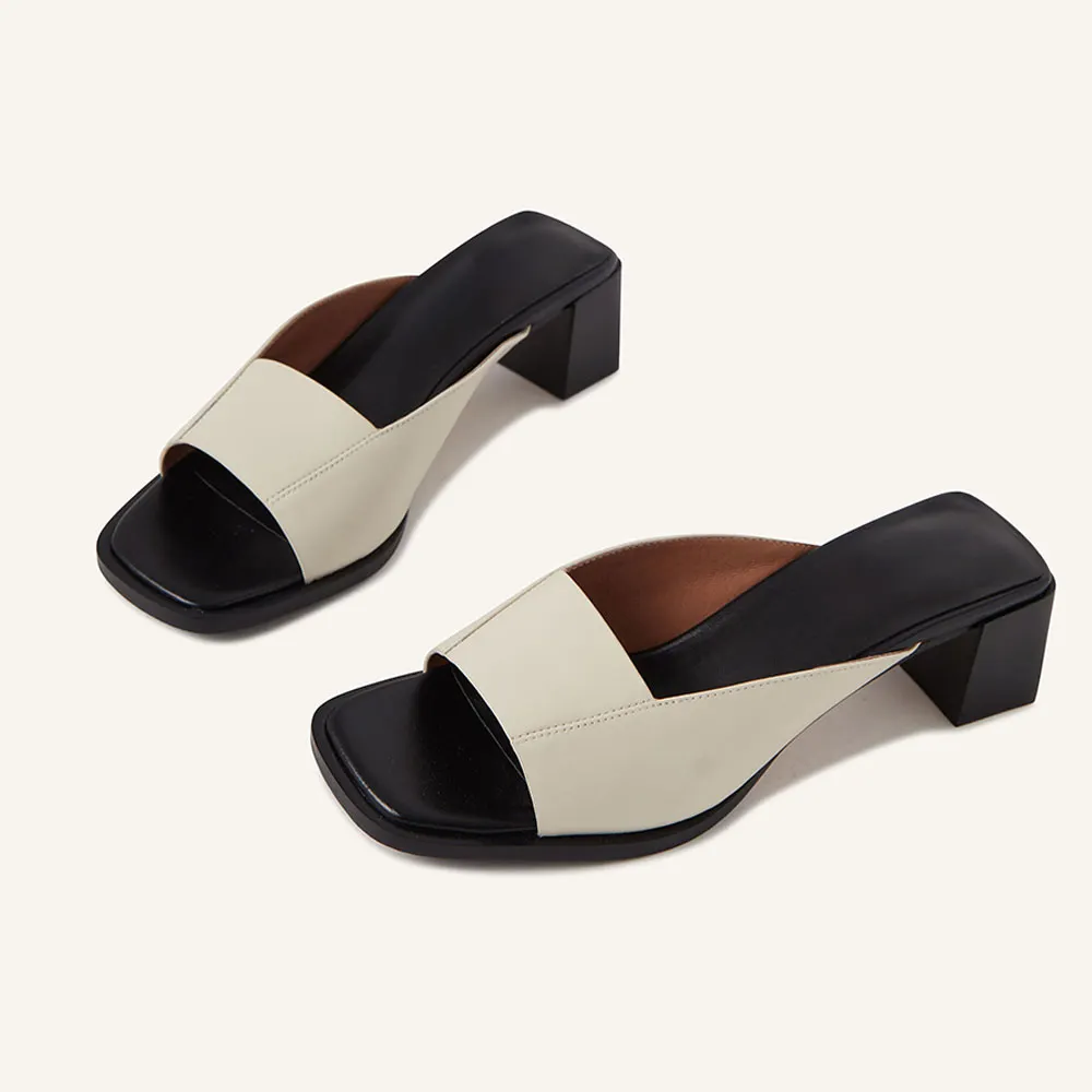 White & Black Vegan Leather Open-Toe Classic Block Heeled Mules