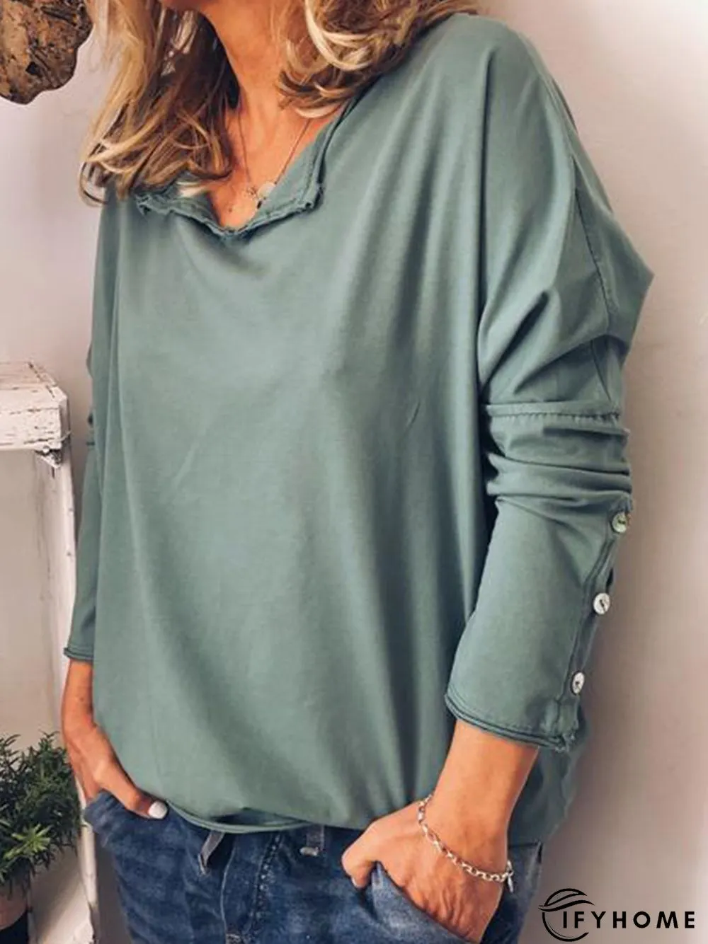 Casual Cotton V Neck Long Sleeve T-Shirt | IFYHOME