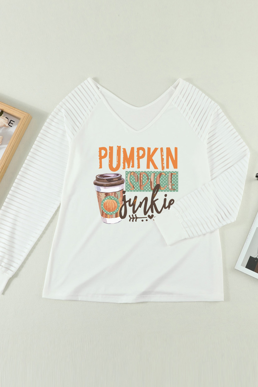 White Pumpkin Spice Junkie Graphic Print Sheer Stripe Long Sleeve Top
