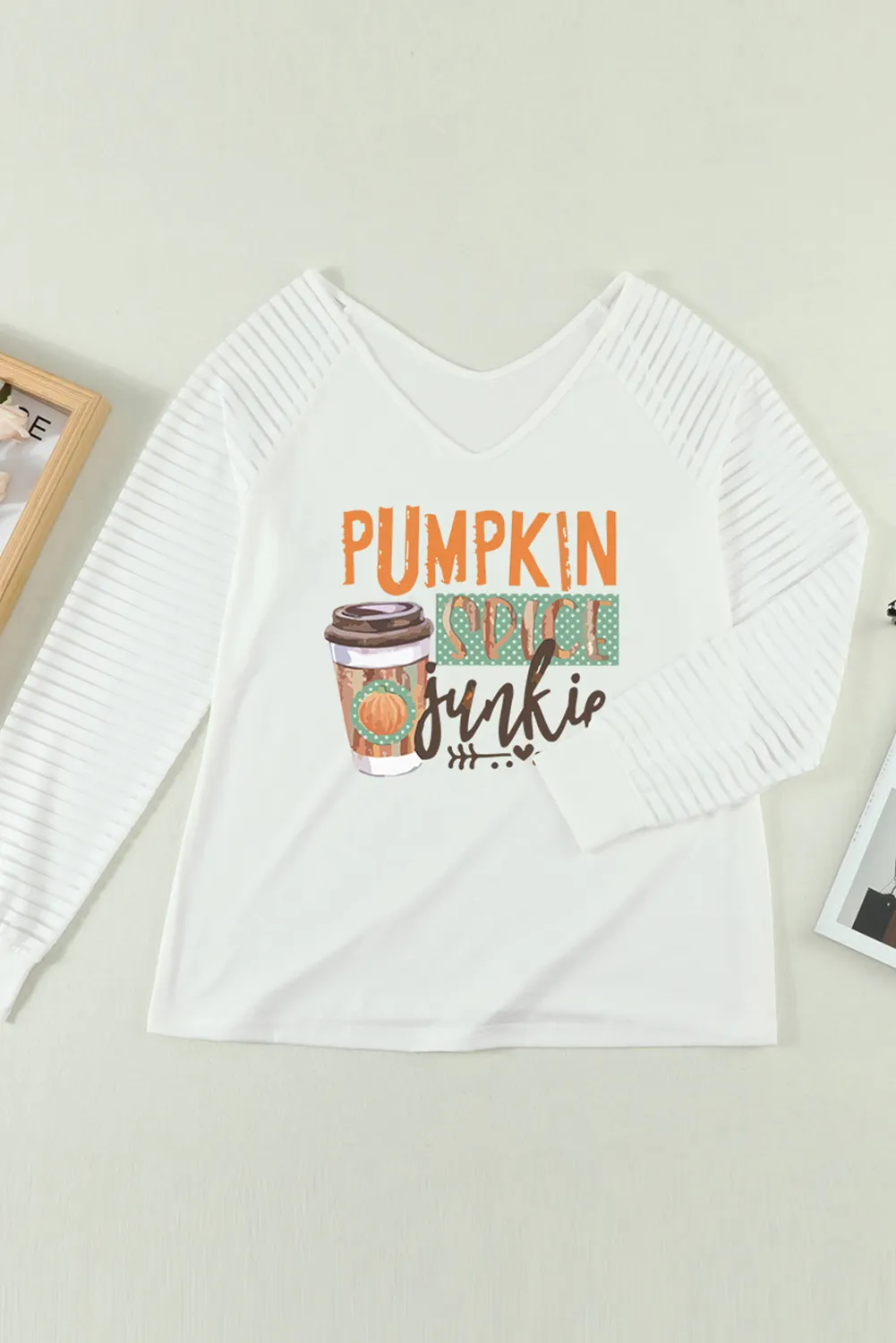 White Pumpkin Spice Junkie Graphic Print Sheer Stripe Long Sleeve Top