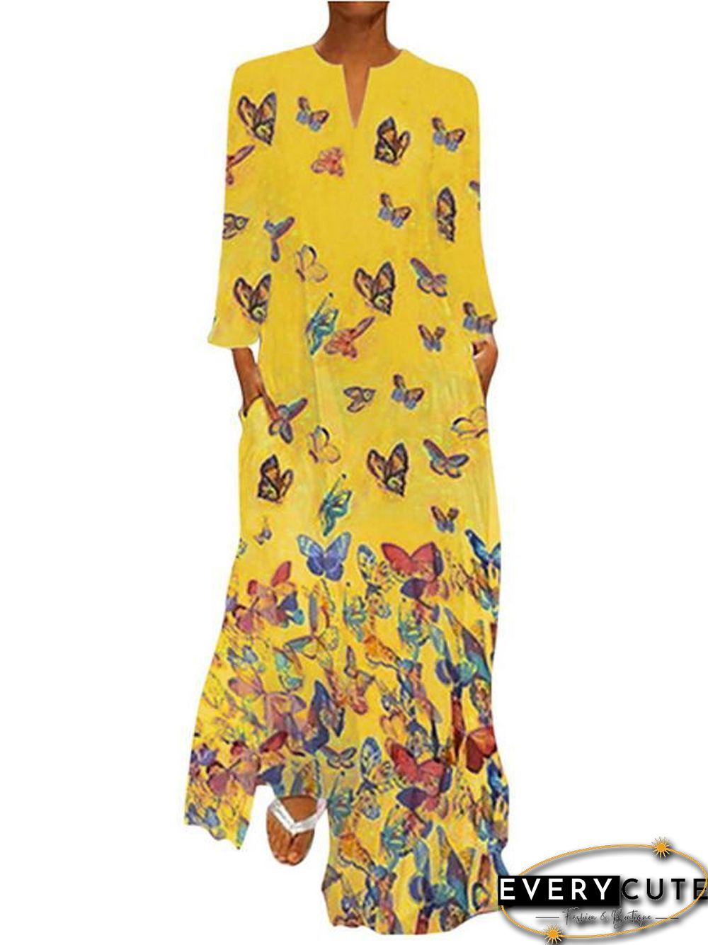 Women's Shift Dress Maxi long Dress - Long Sleeve Butterfly Spring Fall Hot Loose White Yellow Blushing Pink Light Blue S M L XL XXL 3XL 4XL 5XL