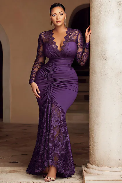 Xpluswear Design Plus Size Formal Purple V Neck Long Sleeve Split See  Through Lace Satin Maxi Dresses - Xpluswear.com