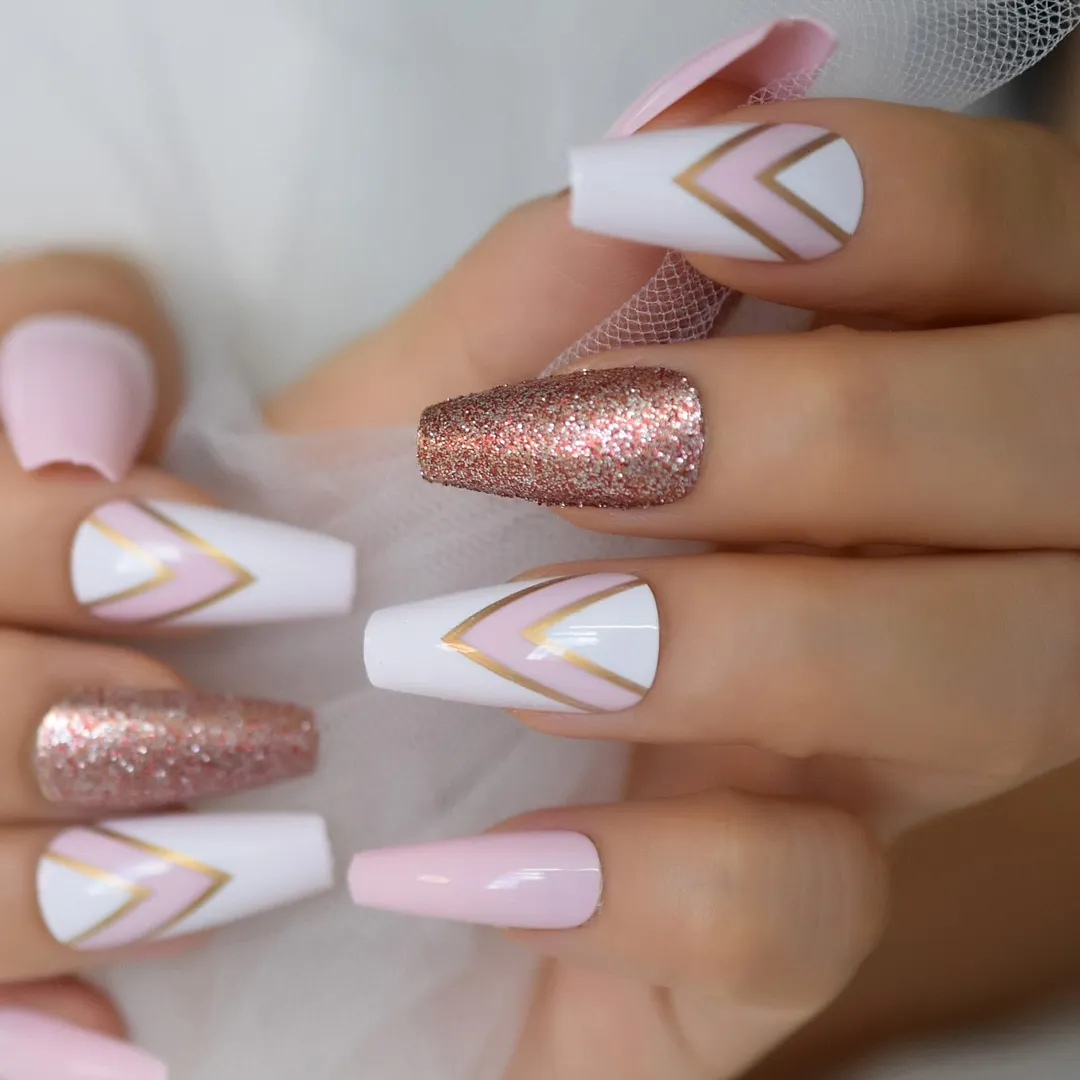 Long Coffin False Press On Nails Pink Black White Abstract Swirl Fake Nails Ballerina Full Cover Gel Glossy Acrylic Nail Tips-Nail Inspo