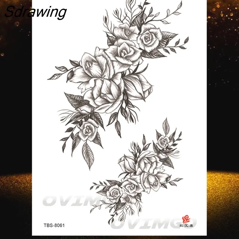 Sdrawing Lotus Flower Temporary Tattoos Fake Jewelry 3D Beauty Rose Tattoo Sexy Body Art Arm Painting Tatoo Sticker For Women