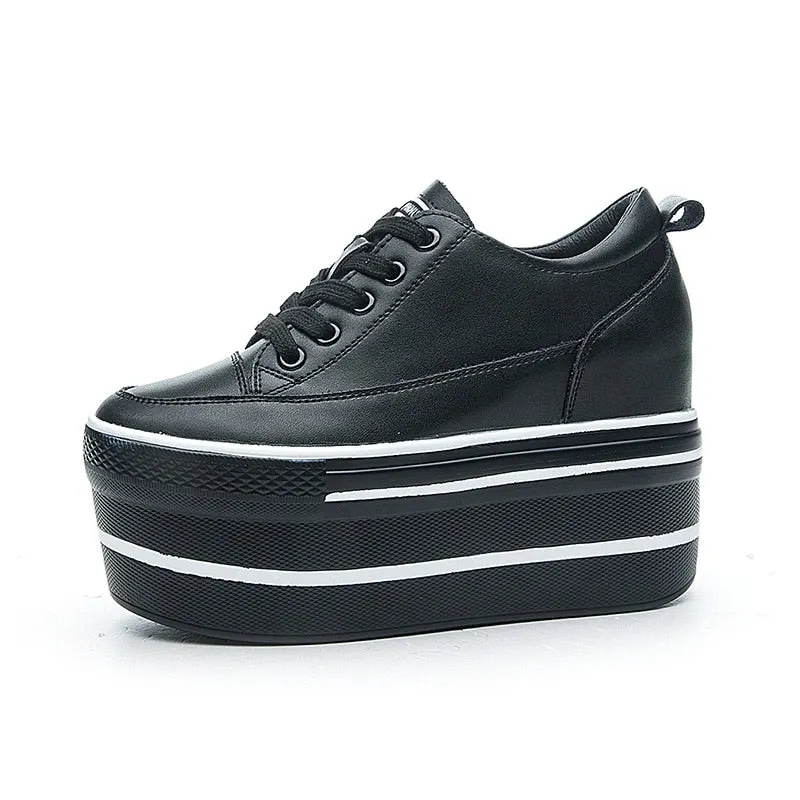 Fujin Super High Thick Heel Platform Flats Women Casual Shoes Genuine Leather Soft High Quality Casual Shoe Sneakers White Black