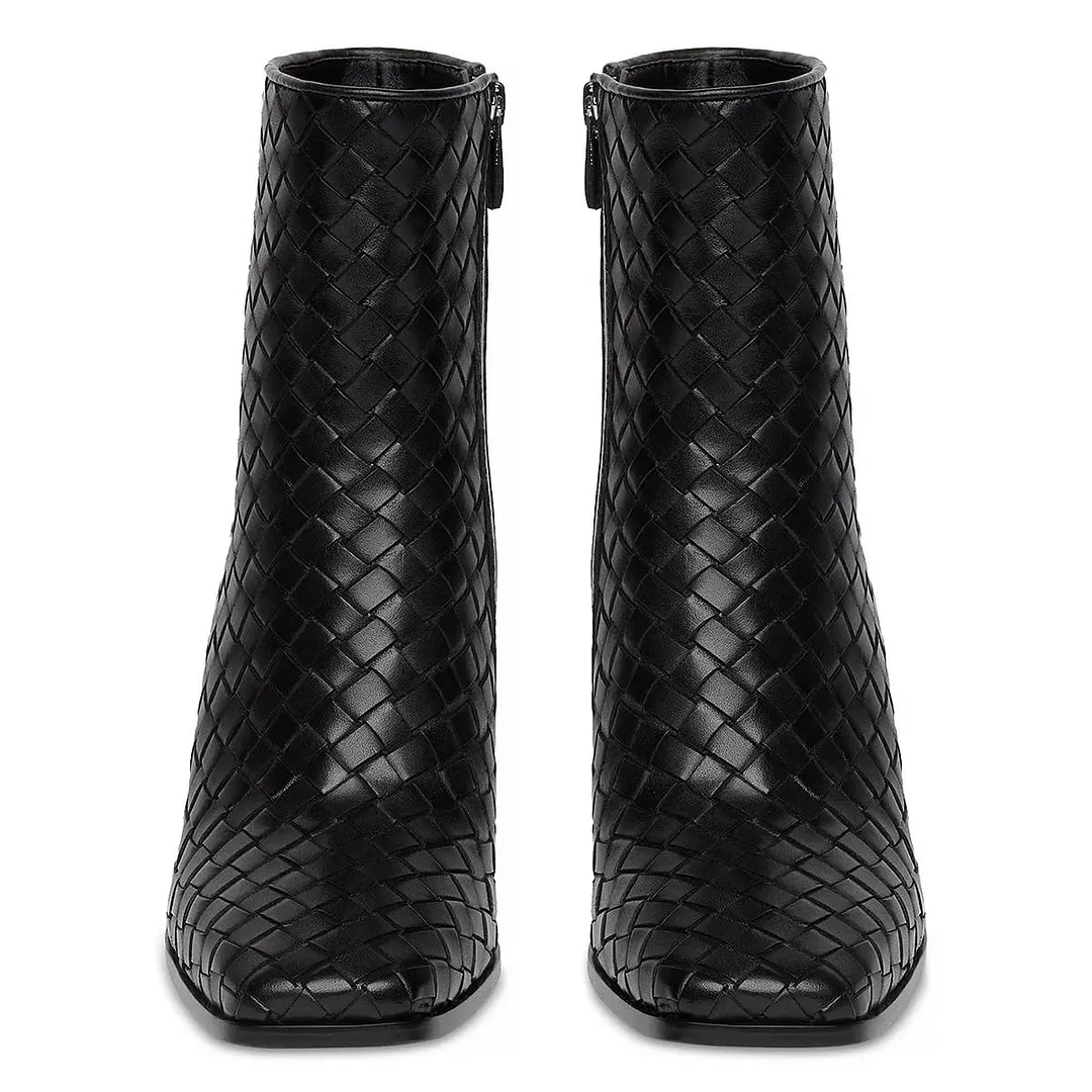Black Vegan Leather Woven Side-Zip Ankle Boots with Block Heels