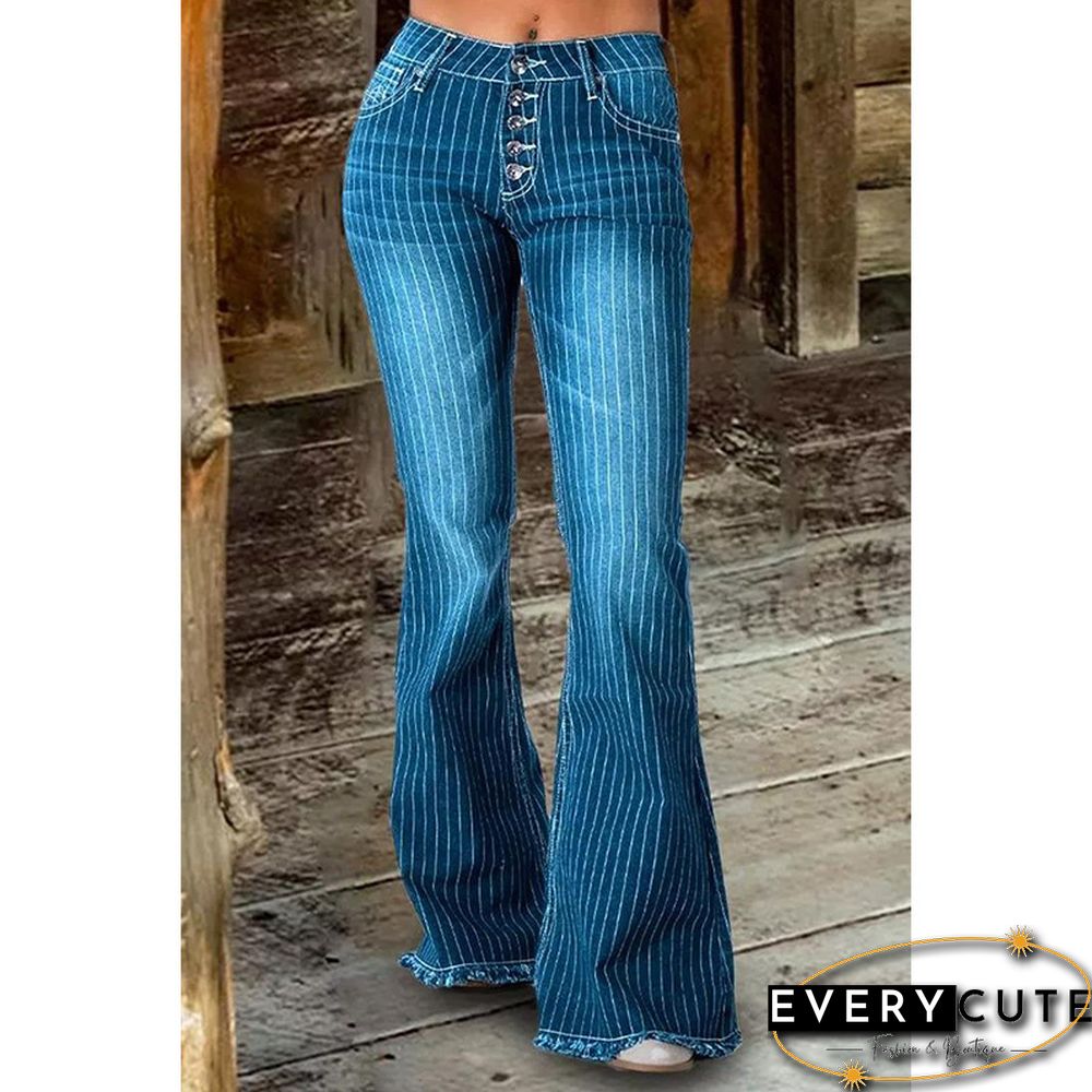 Pocketed Striped Bell Bottom Denim Pants