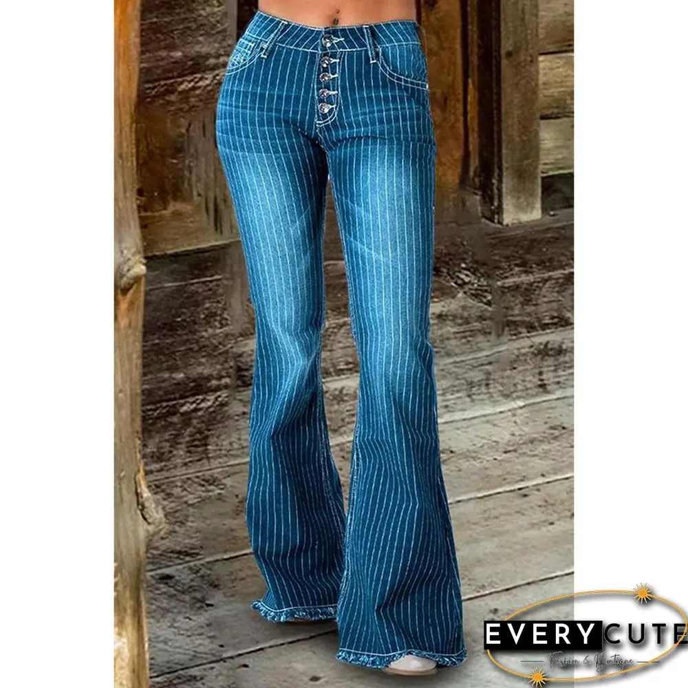 Pocketed Striped Bell Bottom Denim Pants