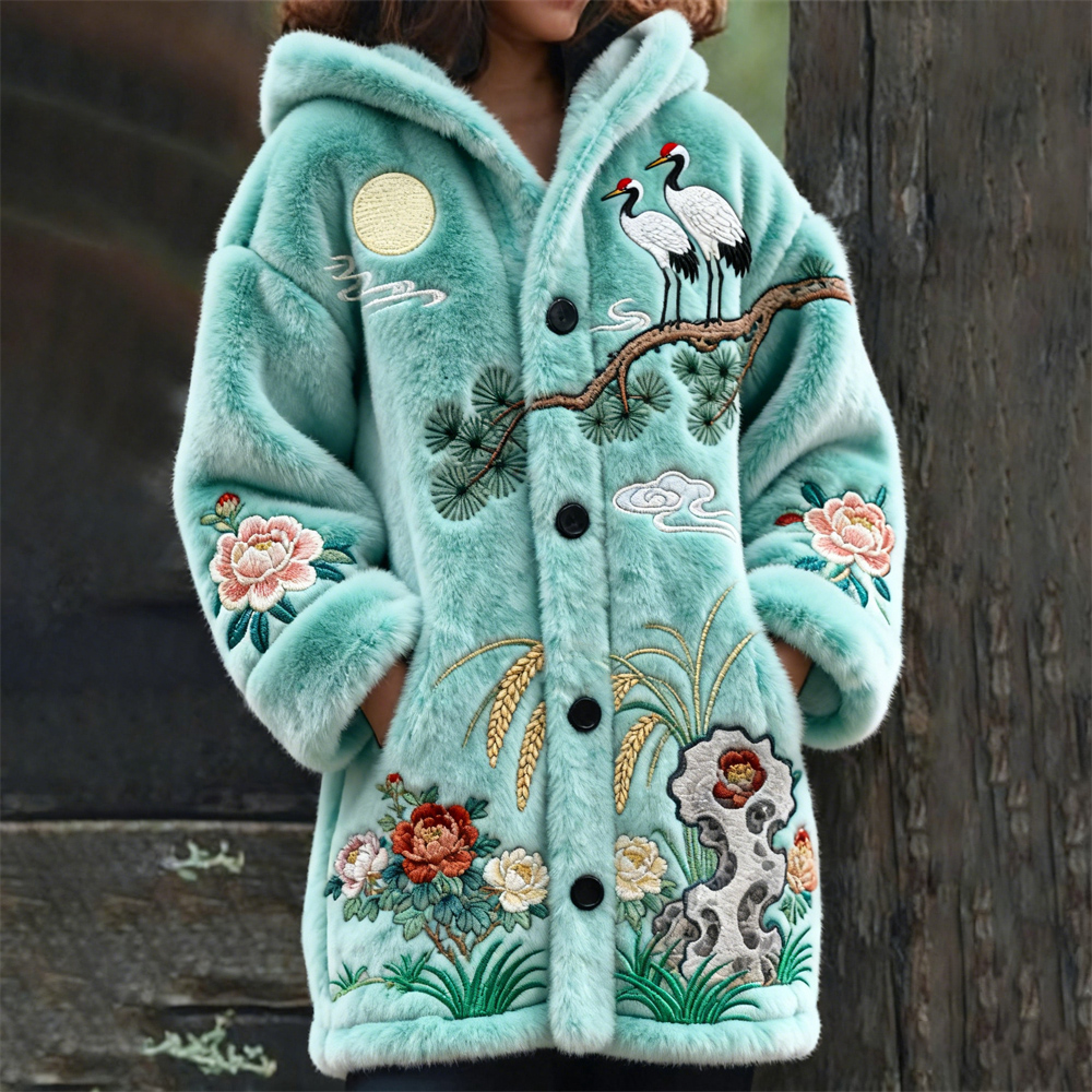Japanese Floral & Crane Embroidery Design Women's Hooded Flannel Cardigan