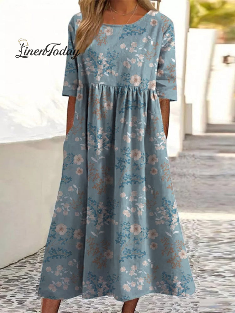 Vintage Petite White Floral Pattern Printed Women&rsquo;s Pocket Cotton Dress Blue / S