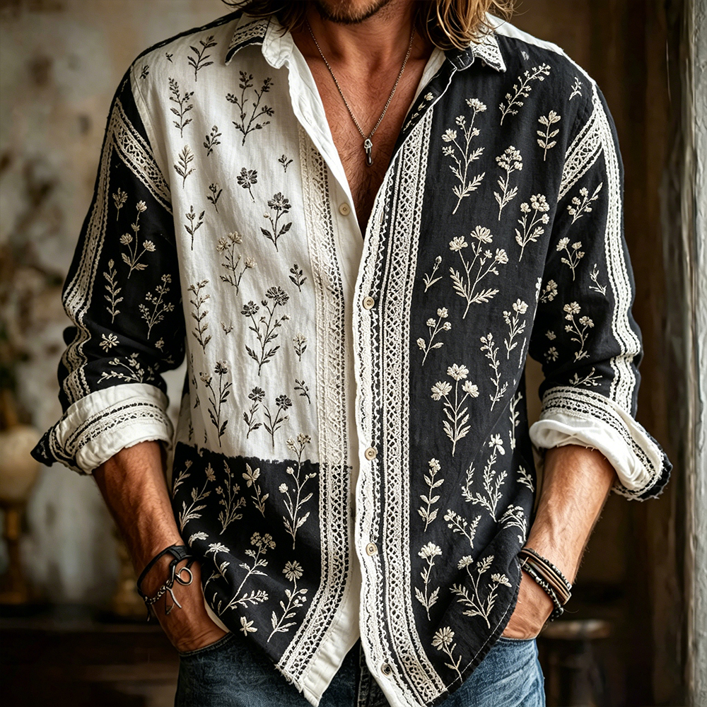 Comstylish Men's Spring Floral Art Embroidered Cotton Linen Black And White Color Block Long Sleeve Shirt