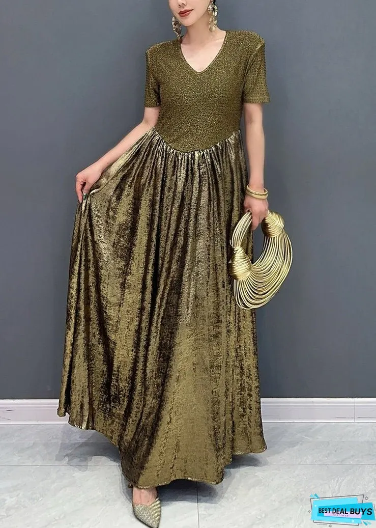 Vogue Gold V Neck Sequins Long Dresses Summer