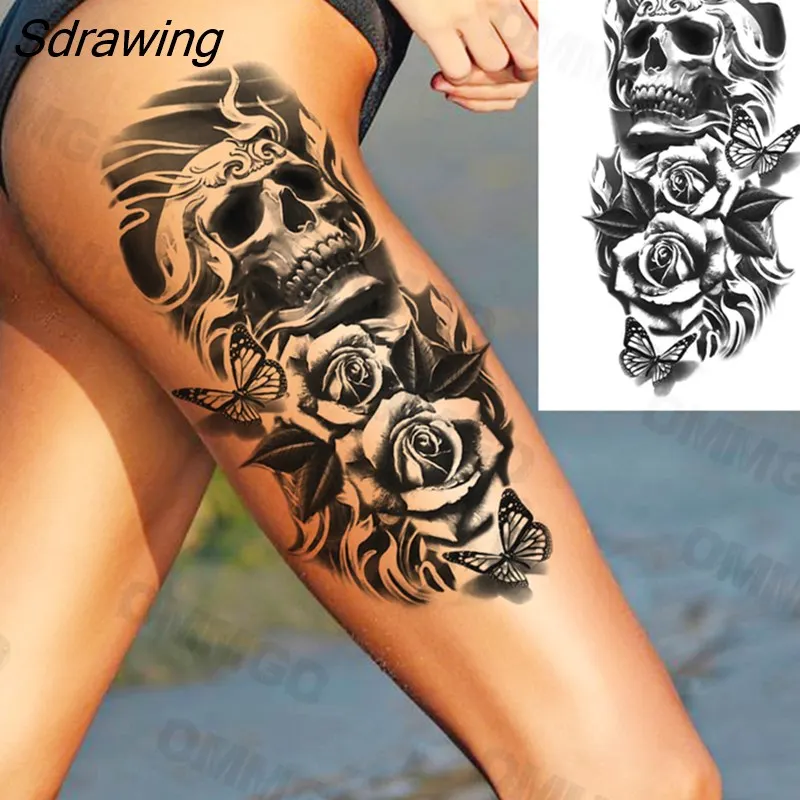 Sdrawing Realistic Rose Flower Skeleton Temporary Tattoos For Women Adult Peony Geometric Fake Tattoo Body Art Half Sleeve Tatoo Paper