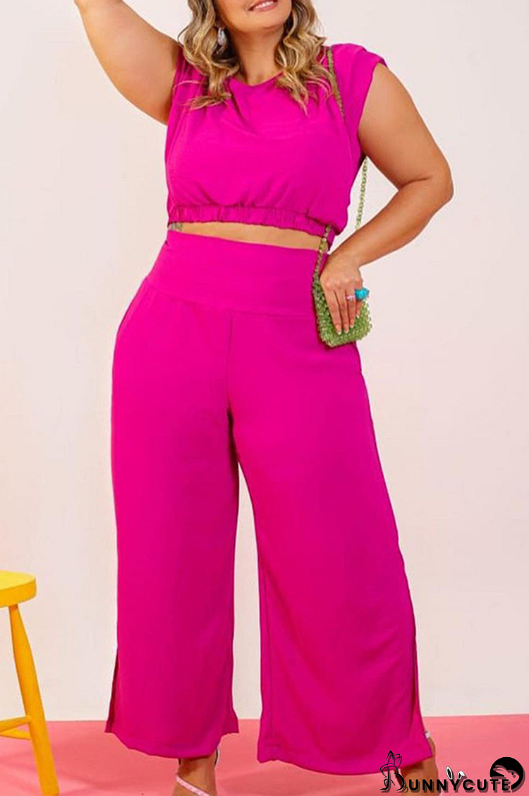 Rose Red Casual Solid Split Joint O Neck Plus Size Two Pieces
