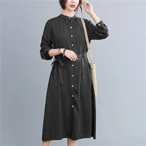 long sleeve cotton linen plus size vintage women casual loose spring autumn shirt dress