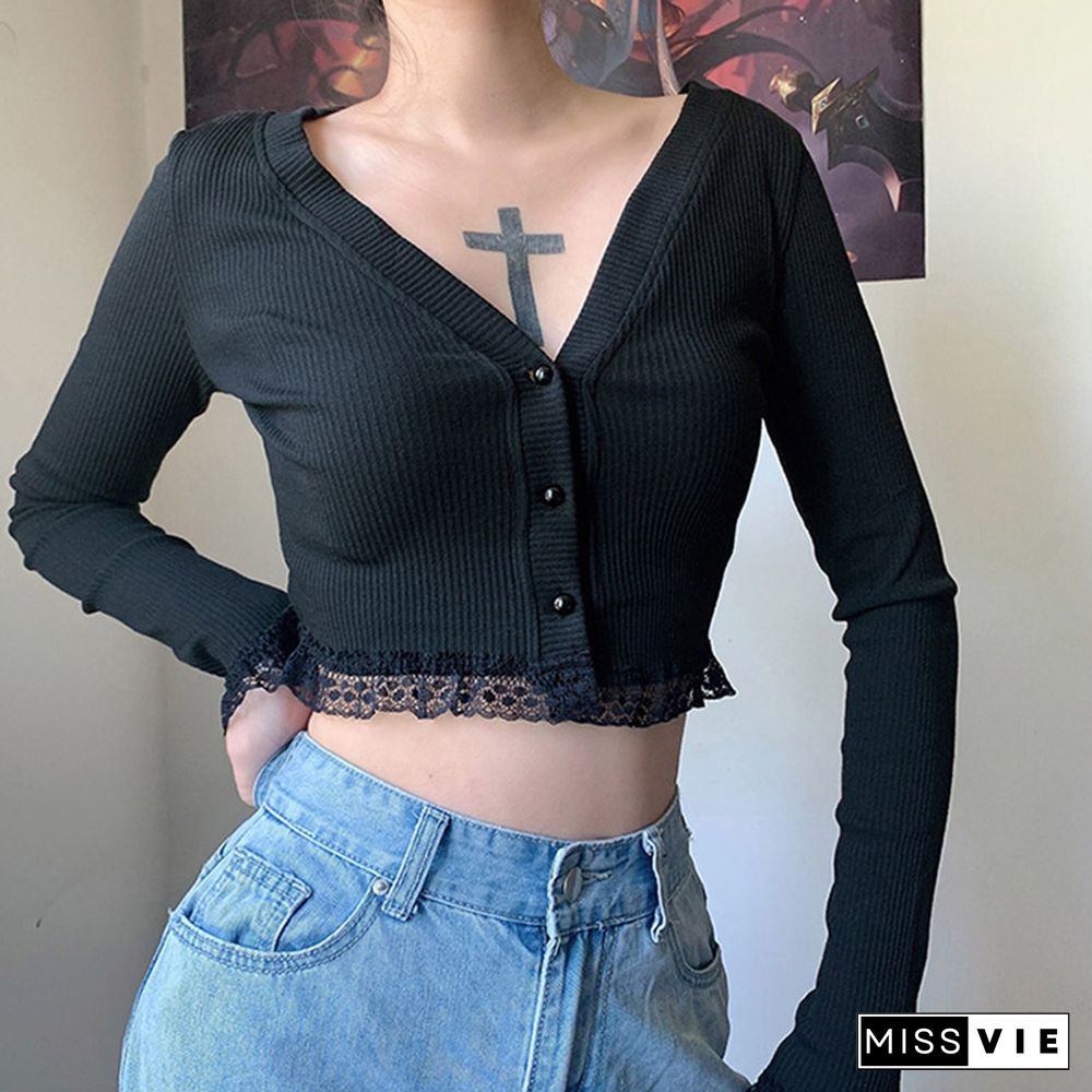 V-neck Long Sleeve Cardigan Lace Crop Top