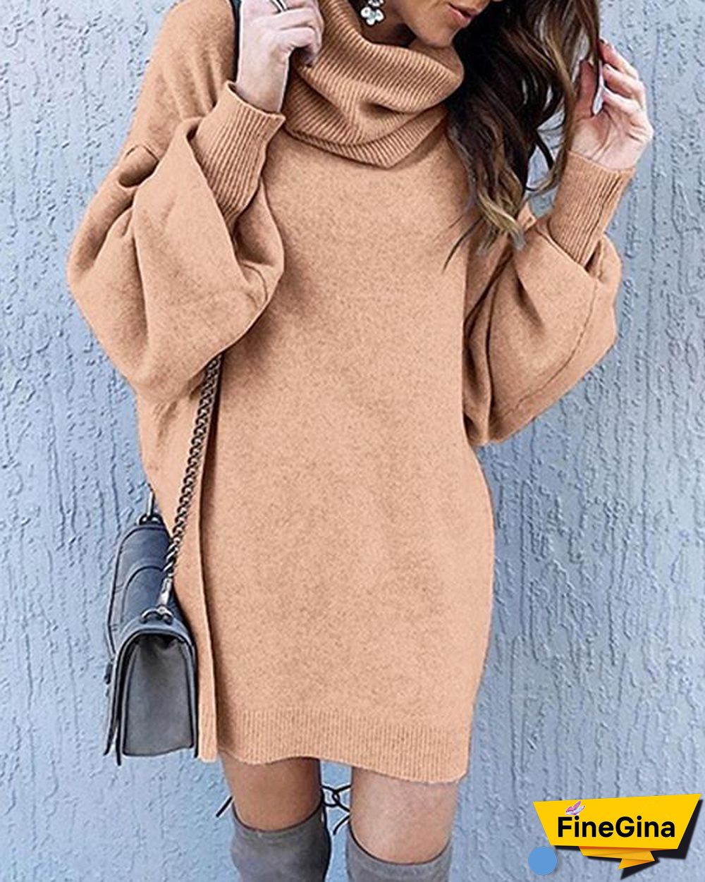 Casual Solid High Neck Loose Fit Lantern Sleeve Sweater Dress