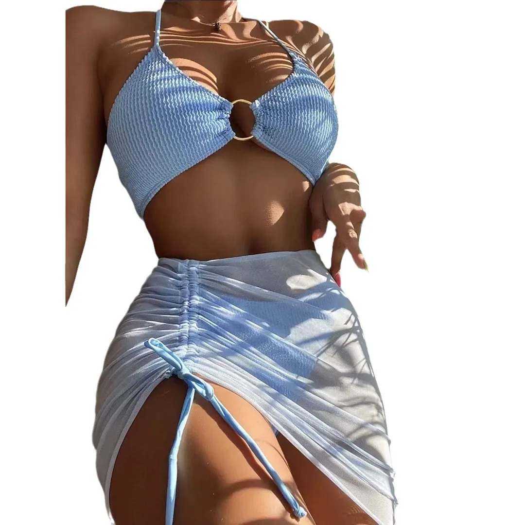 Brownm Bikini Split Swimsuit Women Solid Color Sexy Swimsuit Three-Piece Hanging Neck Three-Point Bikini