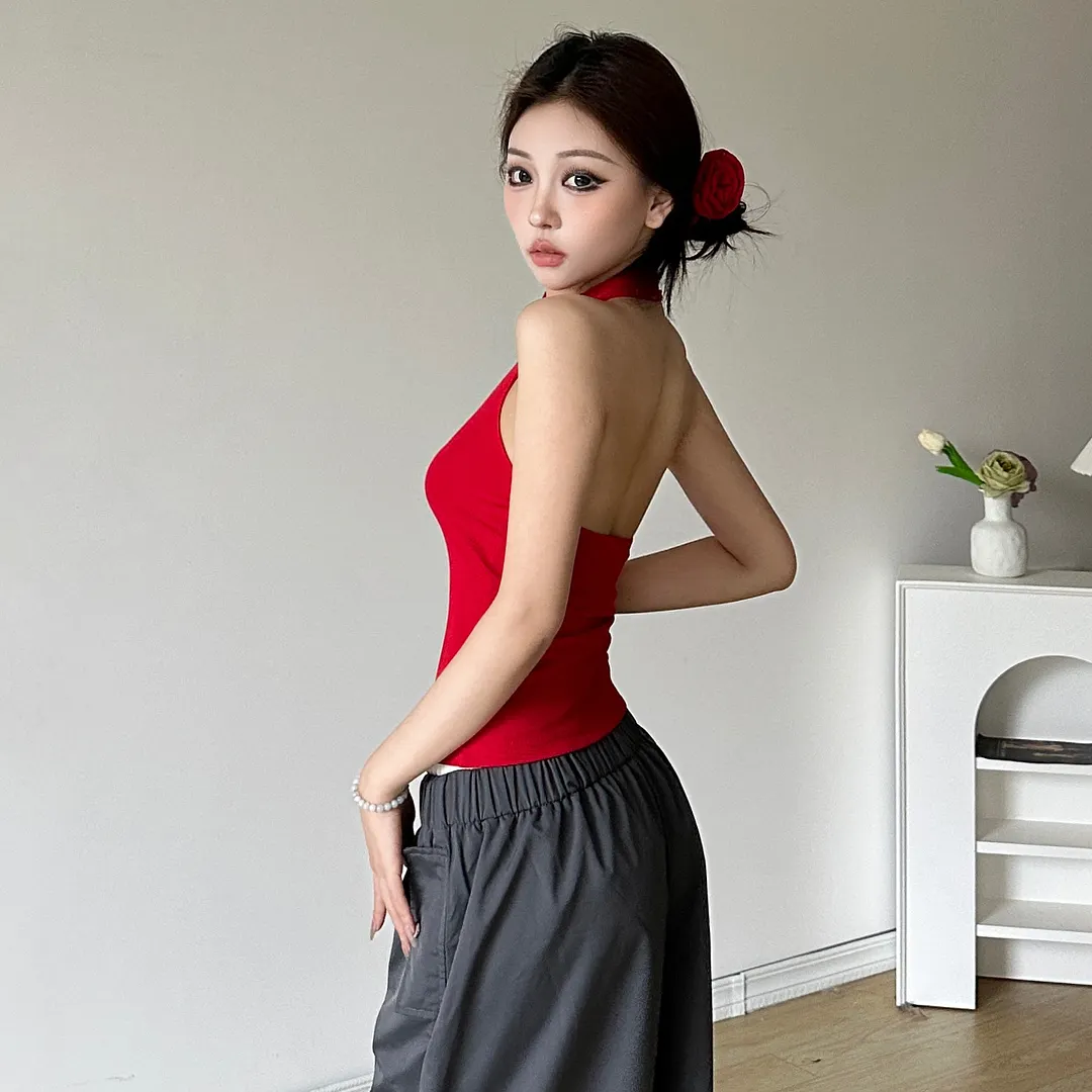 Brownm 2024 Summer New Women's Solid Color Hanging Neck Three-Dimensional Flower Vest High-Waist Loose Straight Trousers