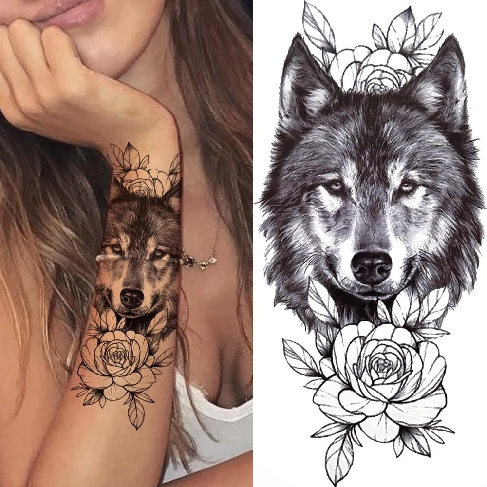 Sexy Rose Lion Flower Temporary Tattoos For Women Men Kids Boys Realistic Fake Wolf Tattoo Sticker Black Cross Compass Tatoos 1108-1