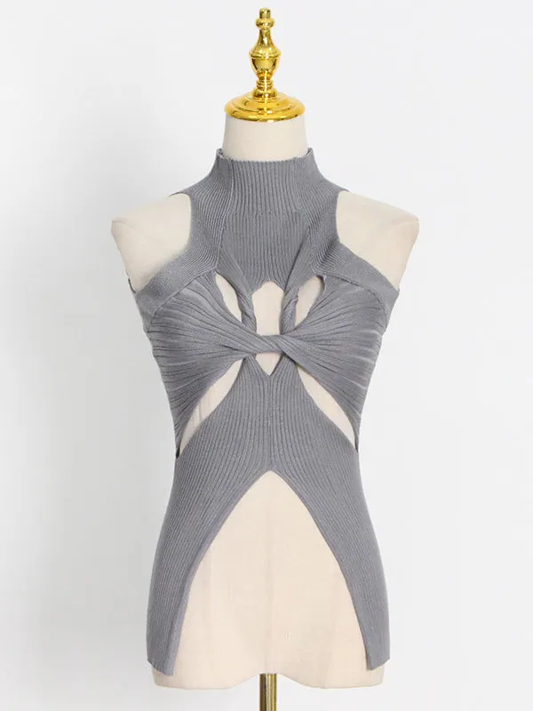 Stylish Irregularity Hollow Split-Joint Solid Color Knitting Vest Top