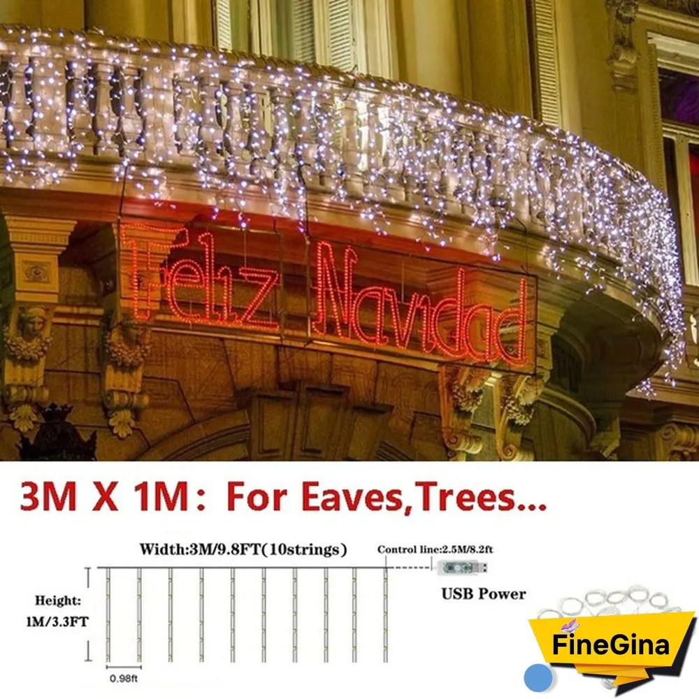 300LED Curtain String Lights 8 Modes with Remote Control Waterproof Fairy Lights Wedding Party Room Christmas Decoration Lights USB Powered