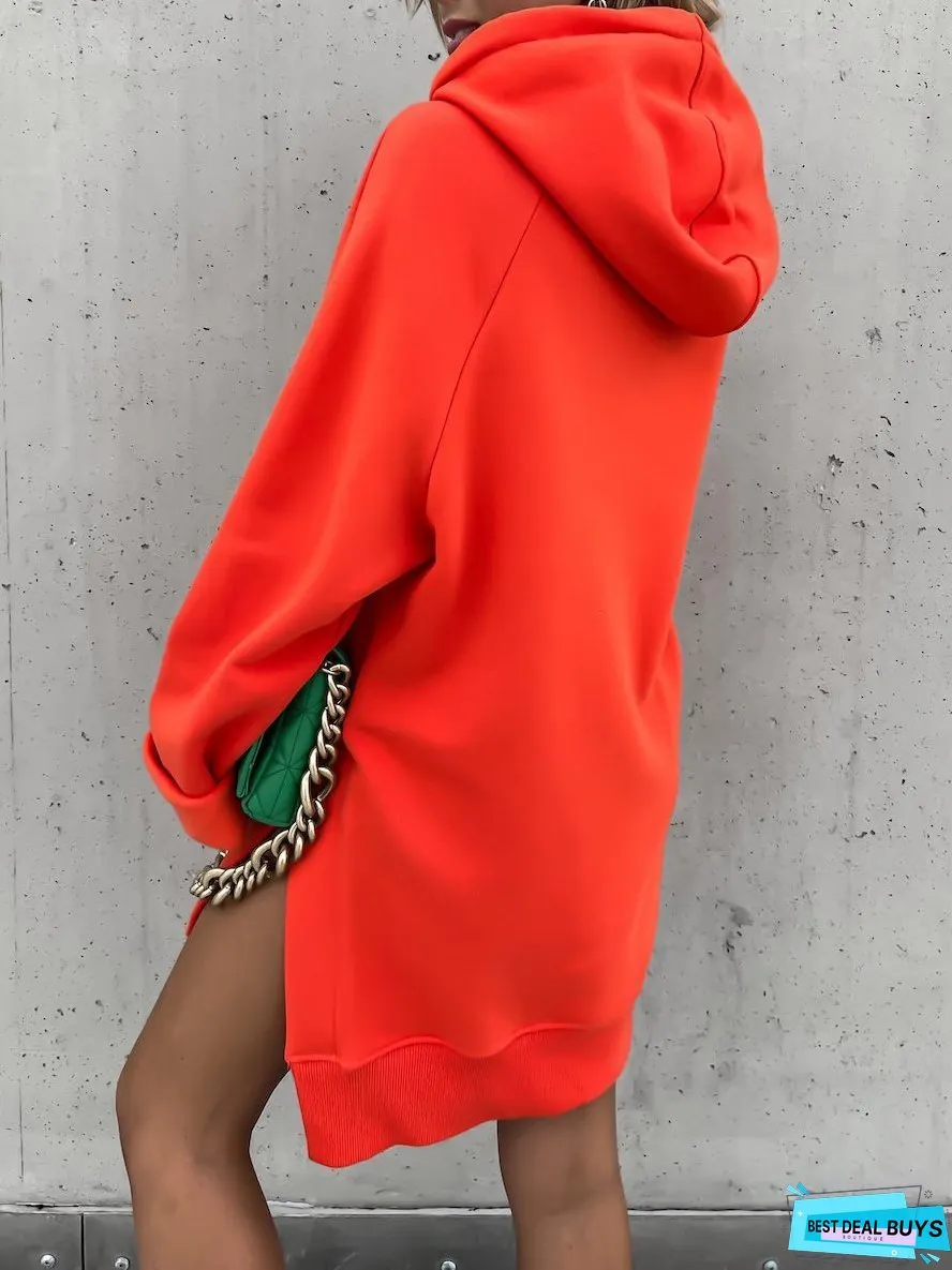 Pocket Long Sleeve Drawstring Hooded Slit Dress