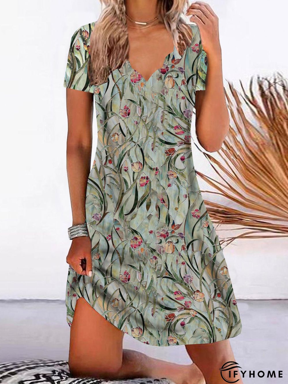 Loosen V Neck Short Sleeve Knit Dress | IFYHOME