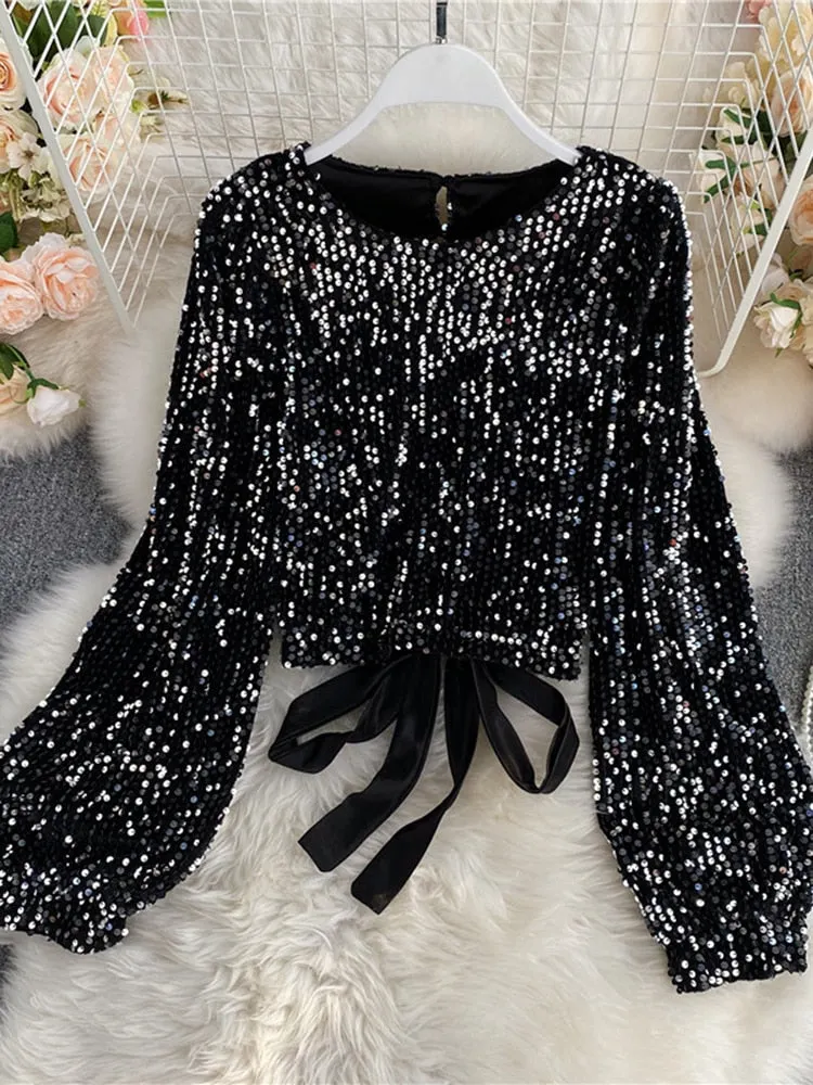 O-Neck Shirts Long-sleeved Open Back Lace-up Bow Short Tops Female