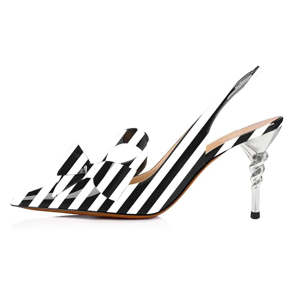 Black & White Stripe Print Sculptural Heel Bow Slingback Pumps