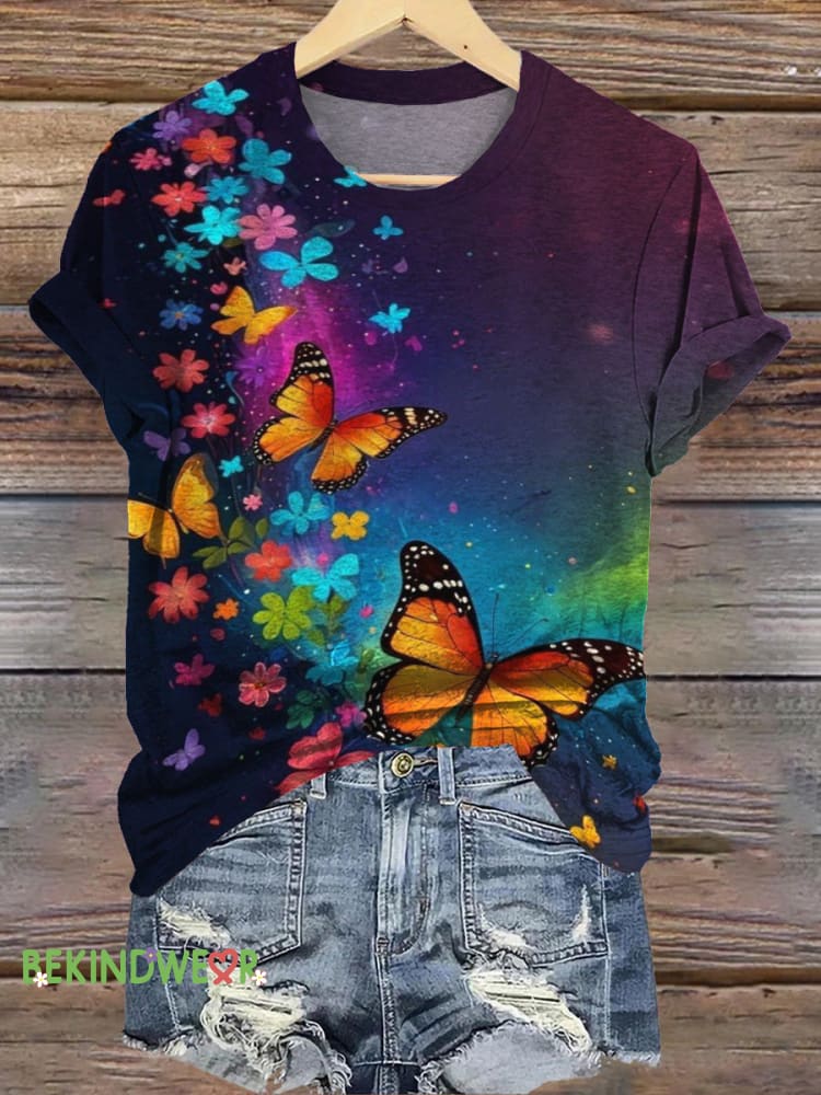 Fantasy Butterfly Gradient Print Casual Round Neck Short Sleeve T-Shirt Multicolor / S