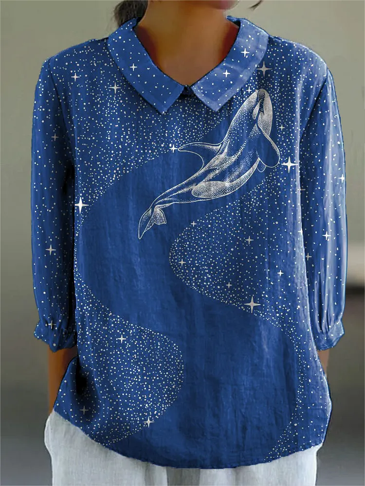 Women's Fashion Starry Sky and Whale Art Print Casual Cotton And Linen 3/4 Sleeve Shirt