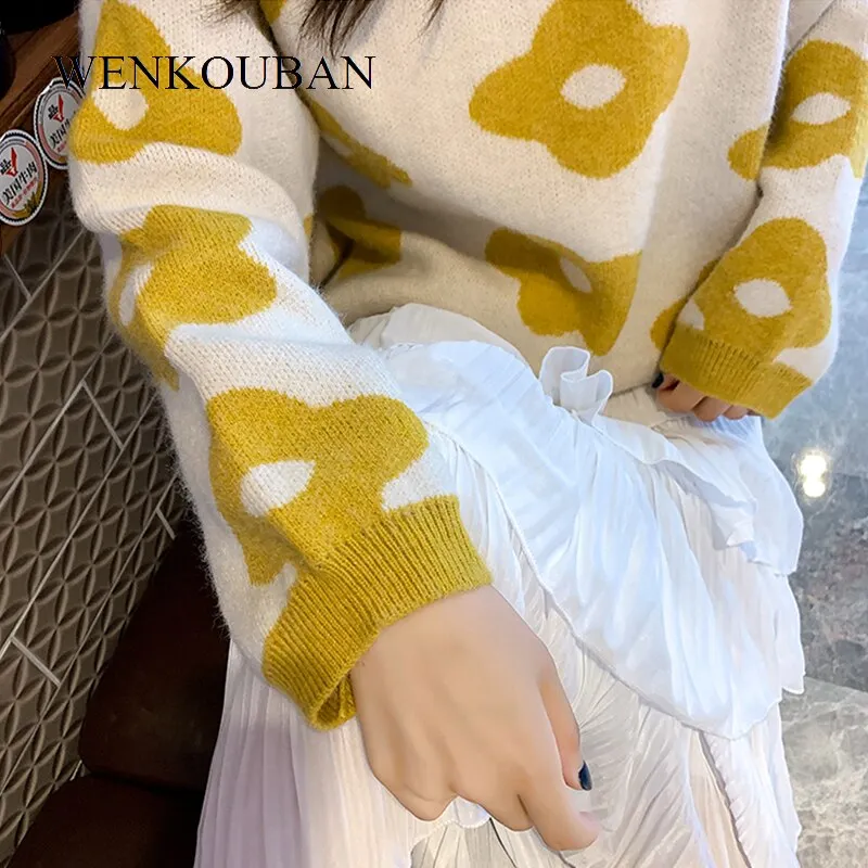 Women Knitted Sweater Winter Flower Pullovers Ladies Oversized Sweaters Vintage Loose Tops Female Korean Pull Femme 2021