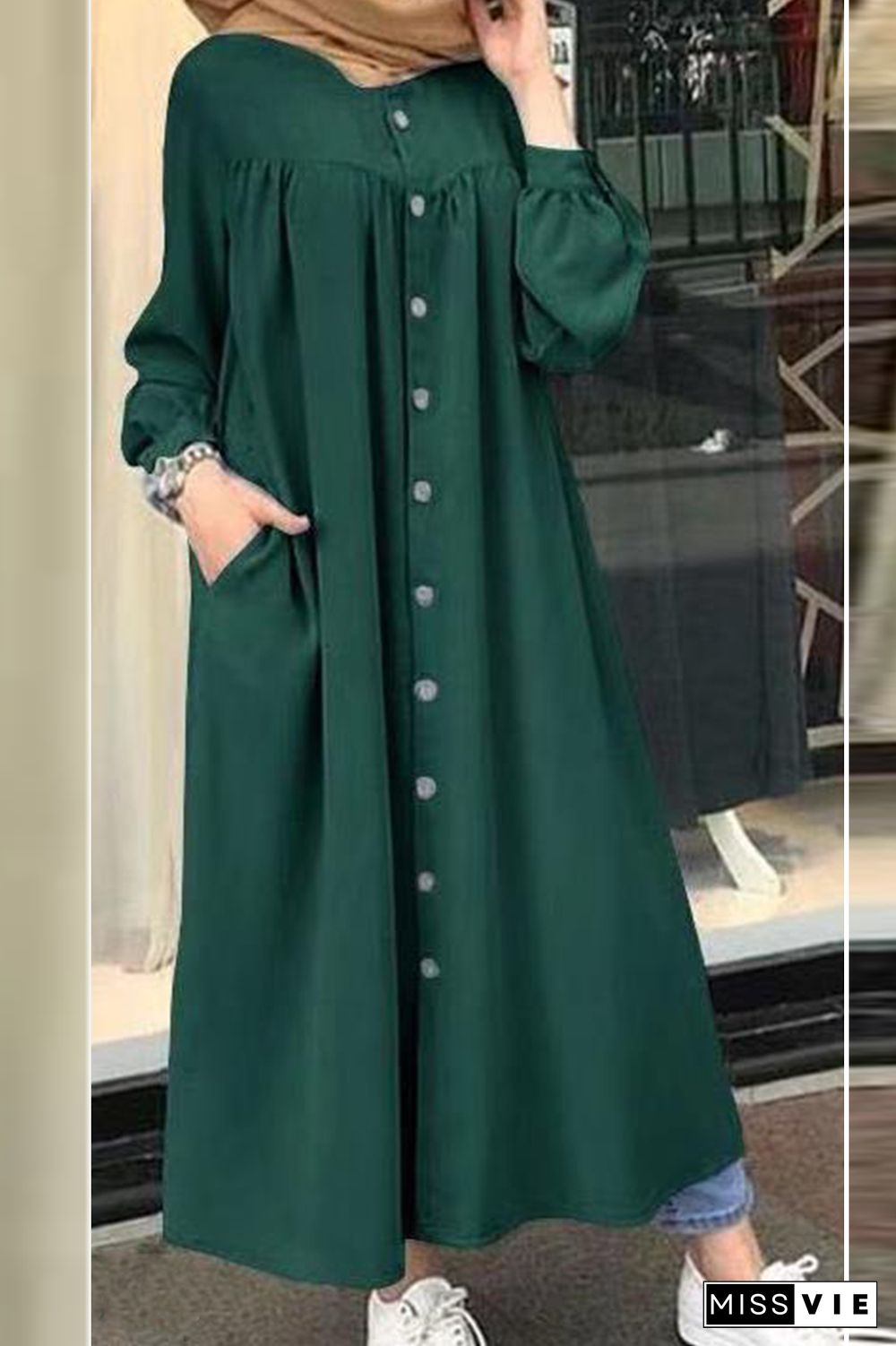 Casual Solid Buckle Mandarin Collar Shirt Dress Dresses(5 colors)
