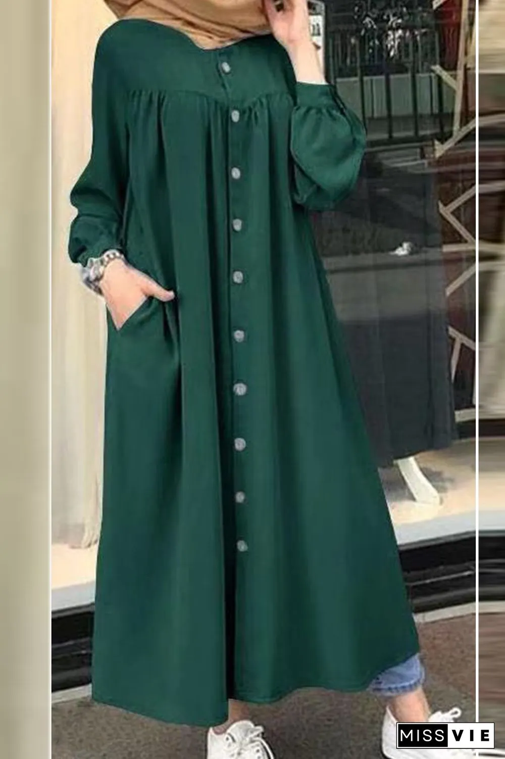 Casual Solid Buckle Mandarin Collar Shirt Dress Dresses(5 colors)
