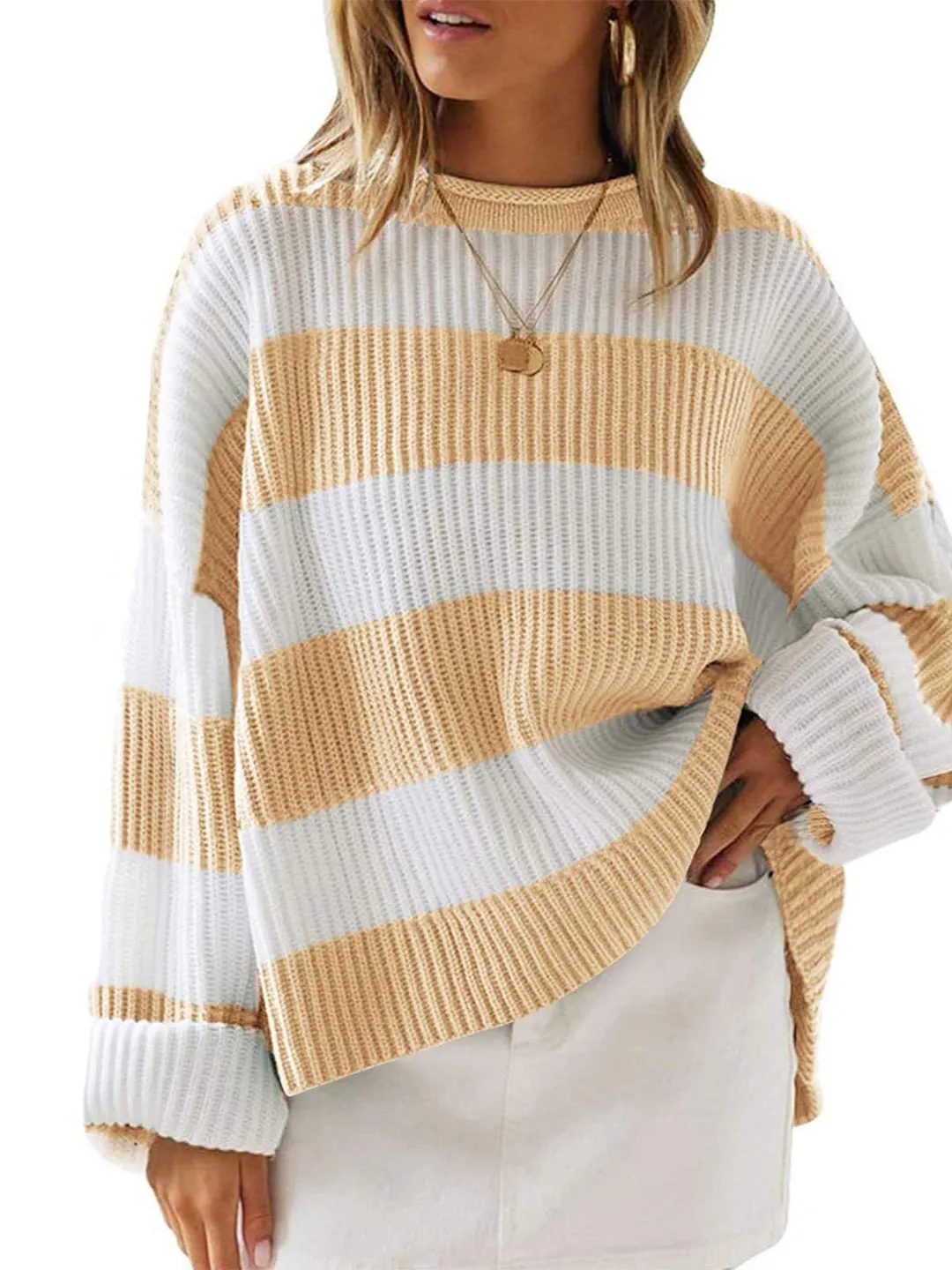 Churchf Churchf Temperament Round Collar Long Sleeve Sweater Women's Autumn And Winter New Stripe Loose Casual Sweater Jacket Female