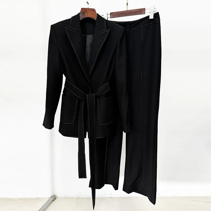 Nigikala Nigikala New Star Fashion Beads Edge Trim Belt Suit Trousers Set Two-Piece Set