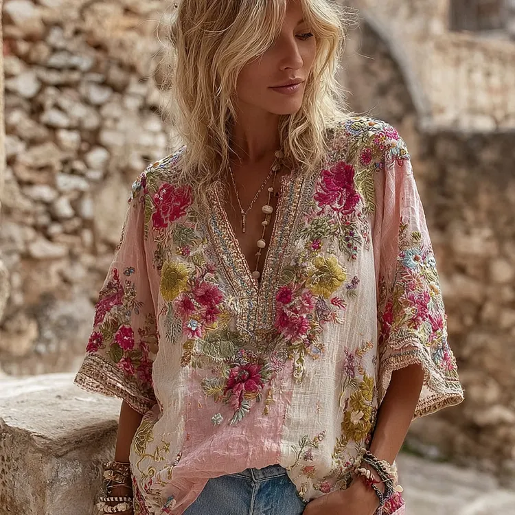 Women's Flower Embroidered Art Linen Blend V-neck Shirt