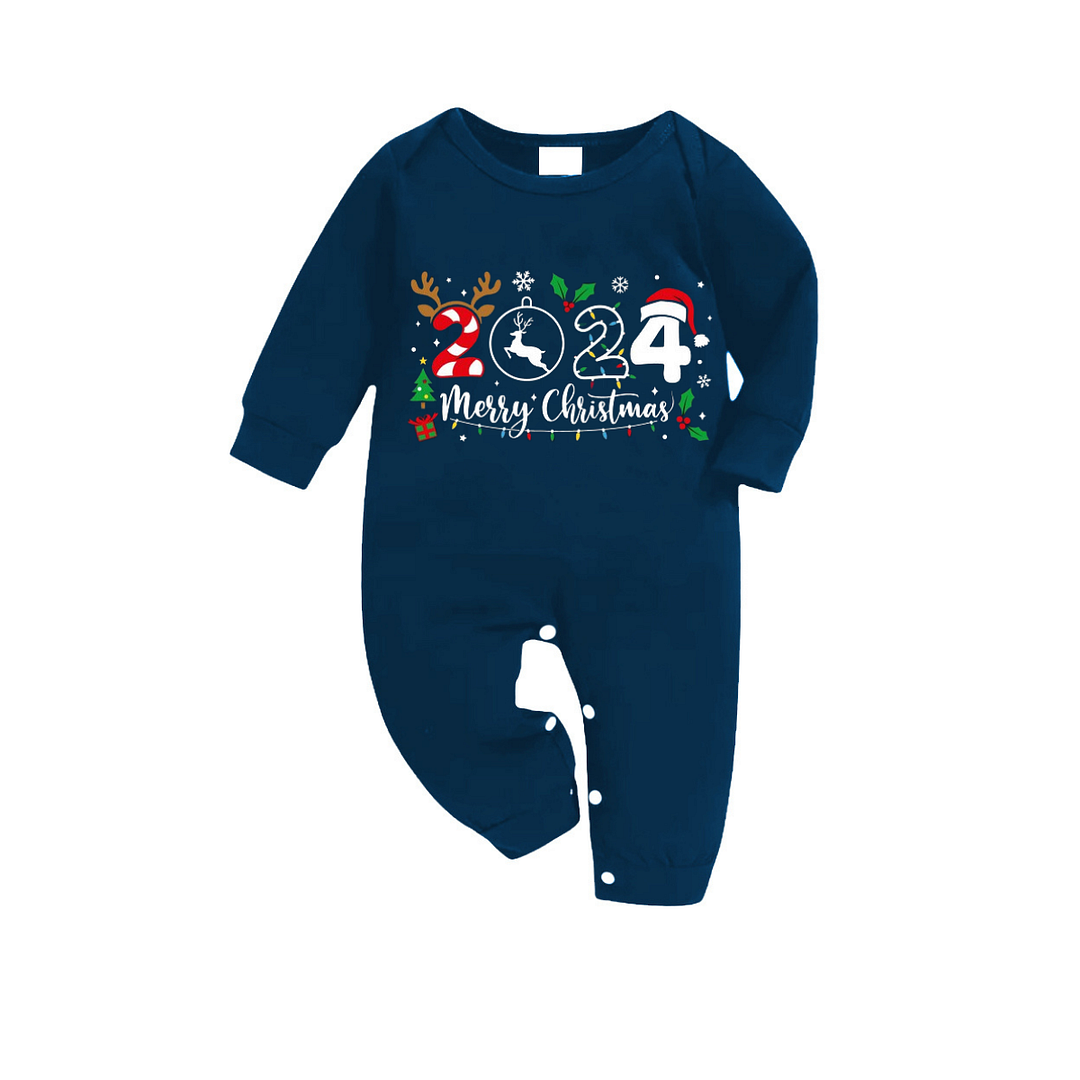 "Merry Christmas 2024" Text Prints Blue Long Sleeve Top With Blue Plaid Family Matching Pajamas