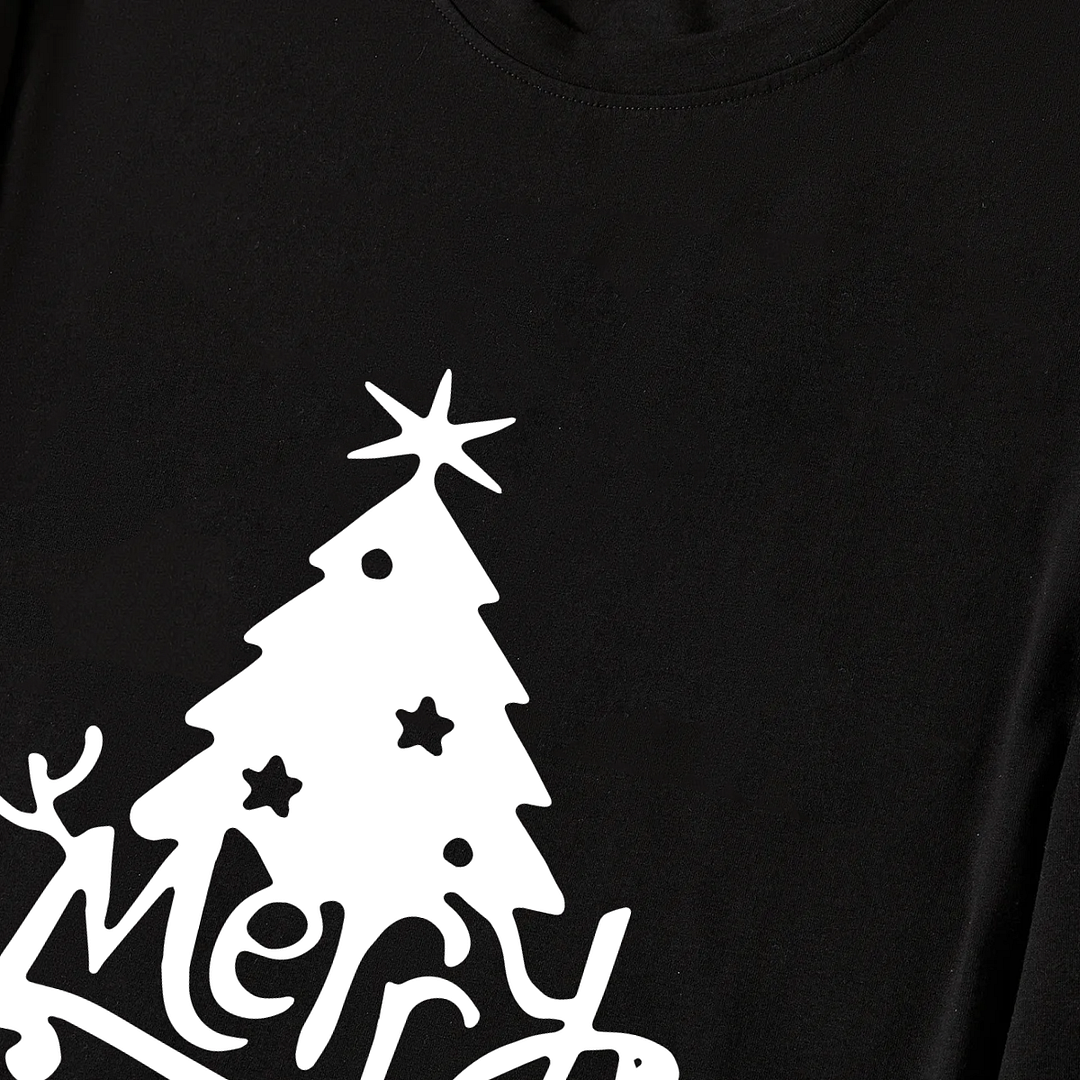 Christmas Tree and "Merry Christmas" Text Print Black Long Sleeve Top with Green and Black Plaid Family Matching Pajamas