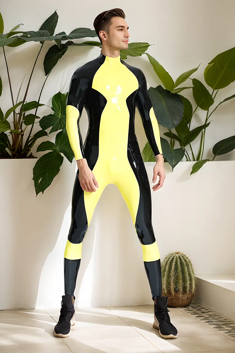 Men Latex Catsuits Male Zig  Zag Latex Catsuit Creative Cool Warrior Style Catsuit  "Cyber Warrior" Men's Yellow & Black 